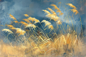 Golden pampas grass against a textured blue background