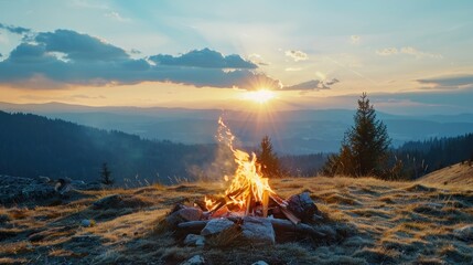 Bonfire in the Mountain Sky: Beautiful Fire Scene with Mountain Background.