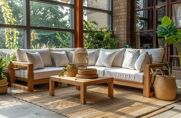 Leonardo da Vinci inspired outdoor furniture set with white cushions, teak and beige design for garden or patio enjoyment. Classic wooden coffee table, chairs, sofa, and side tables arranged by a wind