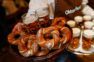 Waiter Serving Traditional Beer and Pretzels an German Outdoor Festival