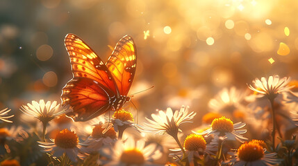 Chamomile disease macro spring field with sunlight and butterfly flying on blue sky