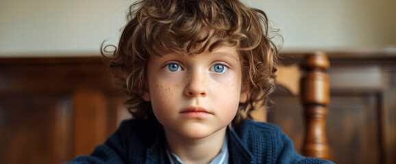 Wall Mural - portrait of  boy with wavy hair and blue eyes 