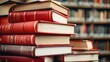© Saowanee - stack of red books This shelf is placed in front of the modern library. Bathed in soft natural light, the background reveals shelves lined with books. Suitable for educational and literary themes.