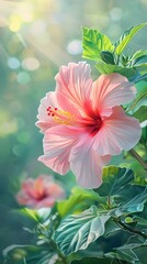 Wall Mural - Vibrant Pink Hibiscus Blossom in Lush Tropical Garden Landscape