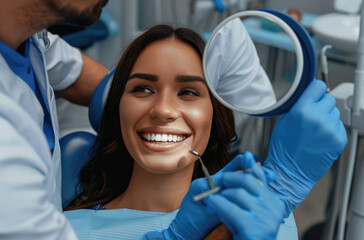 Sticker - Dentist holding a mirror showing a happy woman with beautiful teeth in a dental clinic during treatment time, a closeup view of a smiling female patient sitting in a blue chair