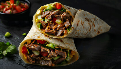 Wall Mural - Burritos wraps with beef and vegetables on black background. Beef burrito, mexican food
