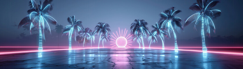 Wall Mural - A neon sign with a circle in the middle and palm trees in the background