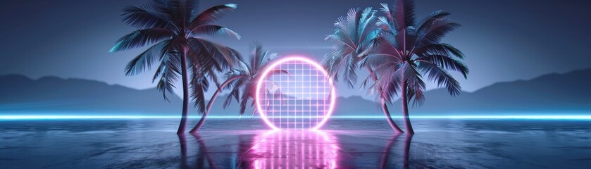 Wall Mural - A neon sign is in the middle of a beach with palm trees
