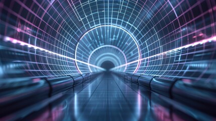 Wall Mural - A tunnel with a blue and pink light shining on it