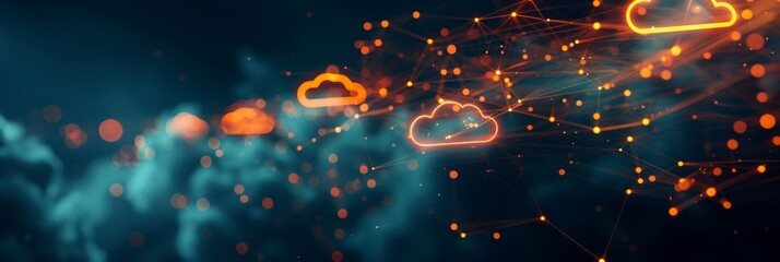 Wall Mural - Cloud Computing, an abstract background with interconnected glowing lines and cloud icons, representing cloud computing networks