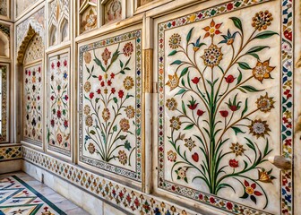 Intricate marble inlay and ornate floral carvings adorn the walls of an ancient Indian monument, showcasing exquisite Mughal architectural detailing in serene elegance.