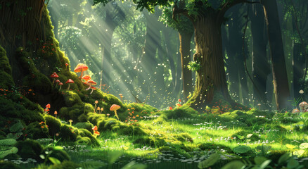 Wall Mural - A serene forest scene with moss-covered ground and mushrooms growing in the grass, with sunlight filtering through the trees.