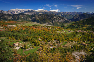 Vallcebre village and valley seen from the Telefèric viewpoint in autumn (Berguedà, Catalonia, Spain, Pyrenees)