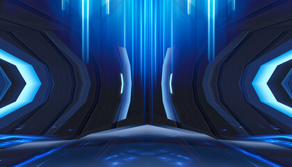 Wall Mural - Abstract neon background, stage with rays and spotlights, futuristic modern blue.