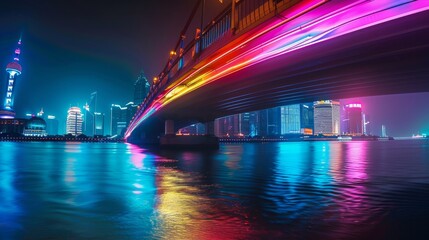 Wall Mural - A bridge over a river with a city skyline in the background