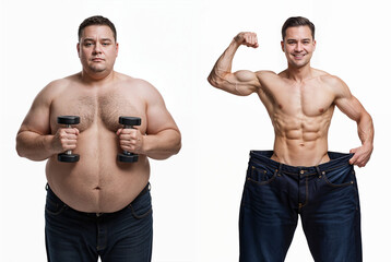 Wall Mural - A man poses before and after weight loss. Diet and healthy nutrition. Fitness results, get fit. Liposuction results, plastic surgery. Transformation from fat to athlete. Overweight and slim, training