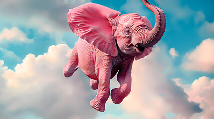 Funny animal concept, pink elephant flying in the sky with thick white clouds. Elephant in the sky. 