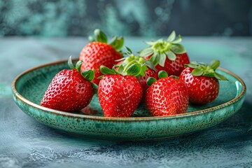 Wall Mural - Fresh Red Strawberries in Green Ceramic Bowl - Perfect for Food Photography, Print, Posters