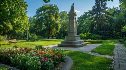 A park with a statue and a bench