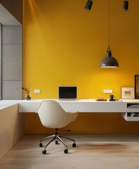 Home office with a minimalist yellow wall