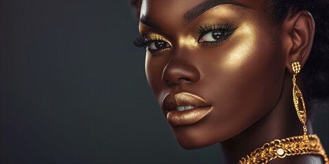 An African model with glittering makeup showcasing beauty, elegance, and luxury.