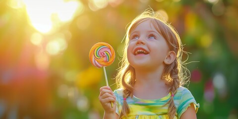 Wall Mural - A joyful child holding a lollipop while walking in a sunlit park, enjoying a sweet treat.