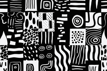 Wall Mural - black and white pattern, collage of squares with abstract paints