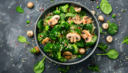 Wall Mural - Healthy vegan salad of vegetables - broccoli, mushrooms, spinach and quinoa in a bowl. Flat lay. Top view