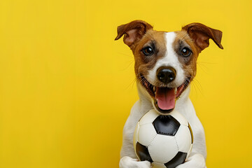 Wall Mural - Cute funny dog with soccer football on background.