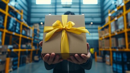 Warehouse Gift Box with Yellow Ribbon in Focus