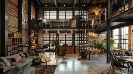 Wall Mural - converted warehouse loft with industrial steel Bahama shutters, adding an edge to the urban living space