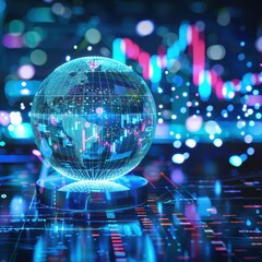 Leinwandbilder - Futuristic digital globe with neon lights and data charts, representing technology and global communication in a modern world.