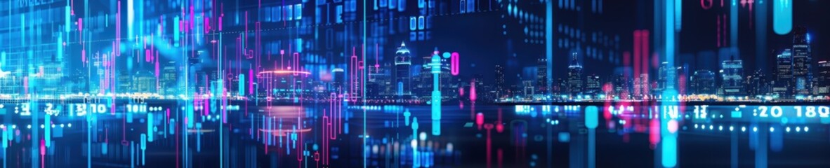 Fototapete - Futuristic cityscape with vibrant digital lines and lights creating an abstract technology-themed background.
