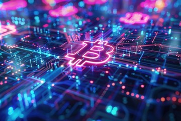Aufkleber - Futuristic digital circuit board with glowing Bitcoin symbol, representing cryptocurrency technology and blockchain innovation.