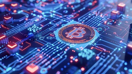 Aufkleber - Digital illustration of a Bitcoin symbol on a circuit board, representing cryptocurrency and blockchain technology.