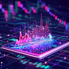 Leinwandbilder - Digital data visualization on smartphone, representing analytics, graphs, and futuristic technology in a vibrant, neon-lit environment.