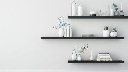 Wall Mural - Minimalist wall design with floating shelves holding a refined and curated assortment of decor items.