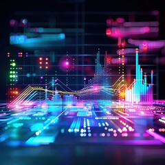 Fototapete - Colorful abstract digital data visualization with graph, chart, and futuristic interface elements in a technological background.
