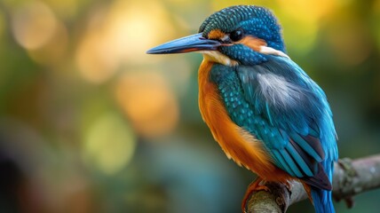 Wall Mural - A vibrant kingfisher bird perched on a branch against a blurred background.