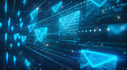 A digital background with glowing blue envelopes on a dark background, representing fast and modern email marketing. A background of a digital email icon floating in the air, newsletter concept. 