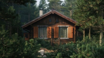 cozy cabin in a dense pine forest with natural wood Bahama shutters, blending seamlessly with the rustic environment