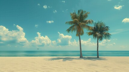 Scenic tropical beach with two palm trees under a bright blue sky, perfect for vacation or relaxation imagery.