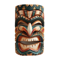 Colorful wooden Tiki mask with intricate carvings and bold expressions, symbolizing Polynesian culture and tradition. The vibrant design captures attention and cultural artistry.