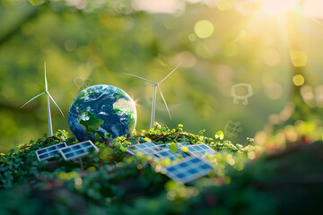 Wall Mural - An illustration of Earth with solar panels and wind turbines surrounded by trees, city buildings, and greenery, symbolizing renewable energy and conservation. Concept of sustainability green energy.