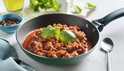 Poster - Ground Beef Meal Classic Ragout with Tomato Sauce, Basil, and Celery in a Frying Pan