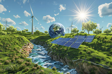 Wall Mural - An illustration of Earth with solar panels and wind turbines surrounded by trees, city buildings, and greenery, symbolizing renewable energy and conservation. Concept of sustainability green energy.