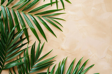 Wall Mural - Minimalistic palm leaves on a beige background with copy space for text or design, in a top view. A flat lay concept of summer vacation and travel.



