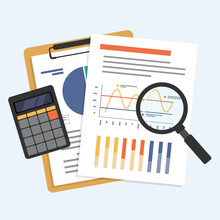 Business document data analysis with magnifying glass and calculator, Document on paper holder and clipboard, Auditing financial documents, flat vector illustration.