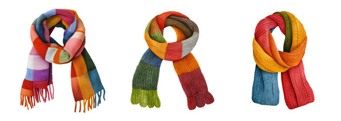 Three colorful knitted scarves isolated on a transparent background, ideal for autumn or winter fashion accessories and holiday gifts