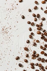 Wall Mural - Coffee beans scattered on a white textured background, top view with copy space. Concept for coffee shop, cafe, aroma, caffeine, or beverage.